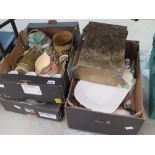 3 boxes containing magazine rack, Poole pottery, ornaments, glassware and china