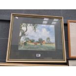 Watercolour of horses in field plus farm buildings in background