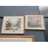 Rural watercolour with woodland plus a Chinese print of a bird and foliage