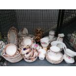 Cage containing Royal Albert crockery plus lustreware and flower patterned china