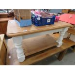 Pine two tier coffee table with painted supports