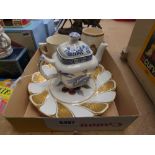 (21,18&17 Blue and white teapot, 2 commemorative mugs and a Meissen style cabinet plate