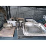 Cage containing loose cutlery plus silver plated dishes and cased cutlery sets