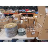 8 boxes of silver painted goblets, matchsticks and bottles, candlesticks, plus 2 stacks of plates