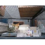 Cage containing crystal tumblers, cased teaspoons, chamber pot and general china