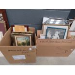 2 boxes containing rural prints, coastal scenes, composite pictures, still life with flowers and a