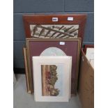 5052 - Embroided fire screen, watercolour of figures in lane, painting of flowers plus loose