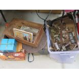 2 boxes containing tools, metal ware, tins and a candlestick