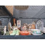 Cage containing ornamental figures, barometer, plates and general china and crockery