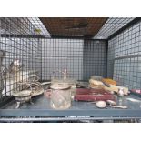 Cage containing silver mounted brushes plus silver plated toast rack and cigarette box