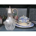Cage containing Royal Doulton Merryweather patterned crockery plus a claret jug and a vase