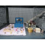 Cage containing scent bottles and costume jewellery