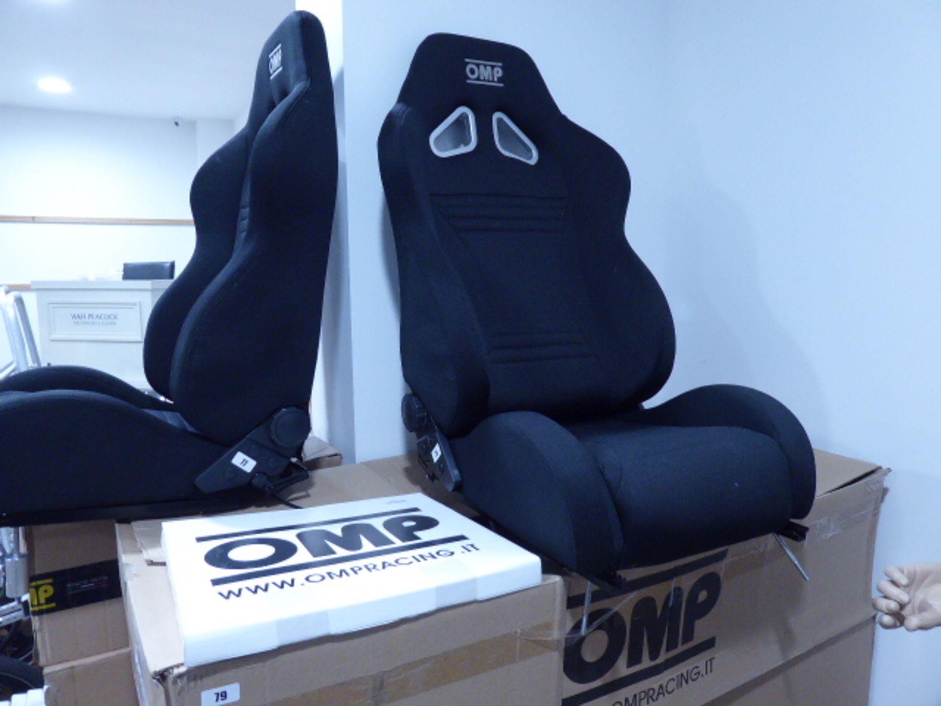 OMP Model HA/750/N black racing seat with matching slider kit and heating element (boxed)