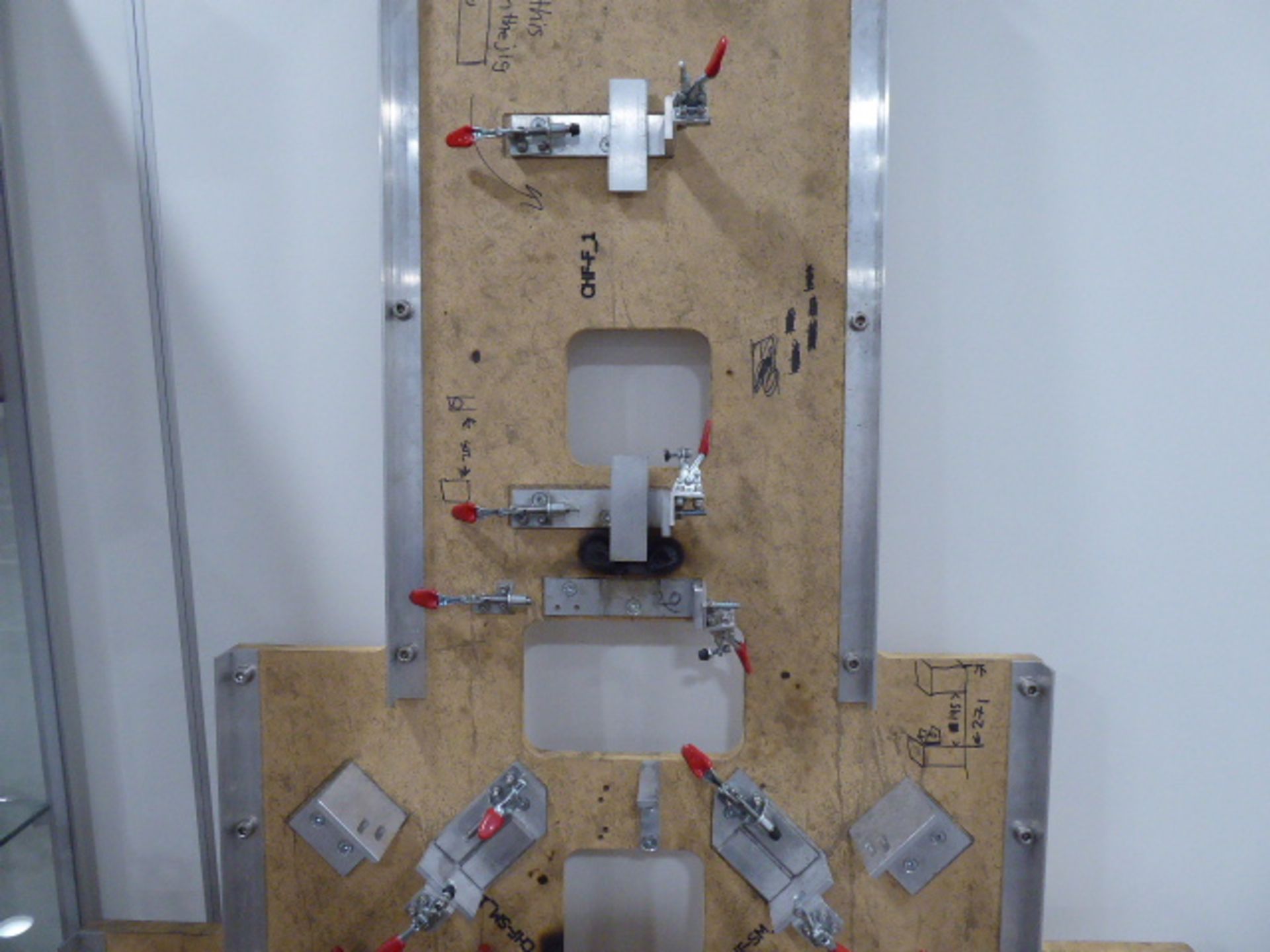 DryCycle aluminium frame engineering jig with additional jig, mounted on board, and 3 shelves of - Image 4 of 7