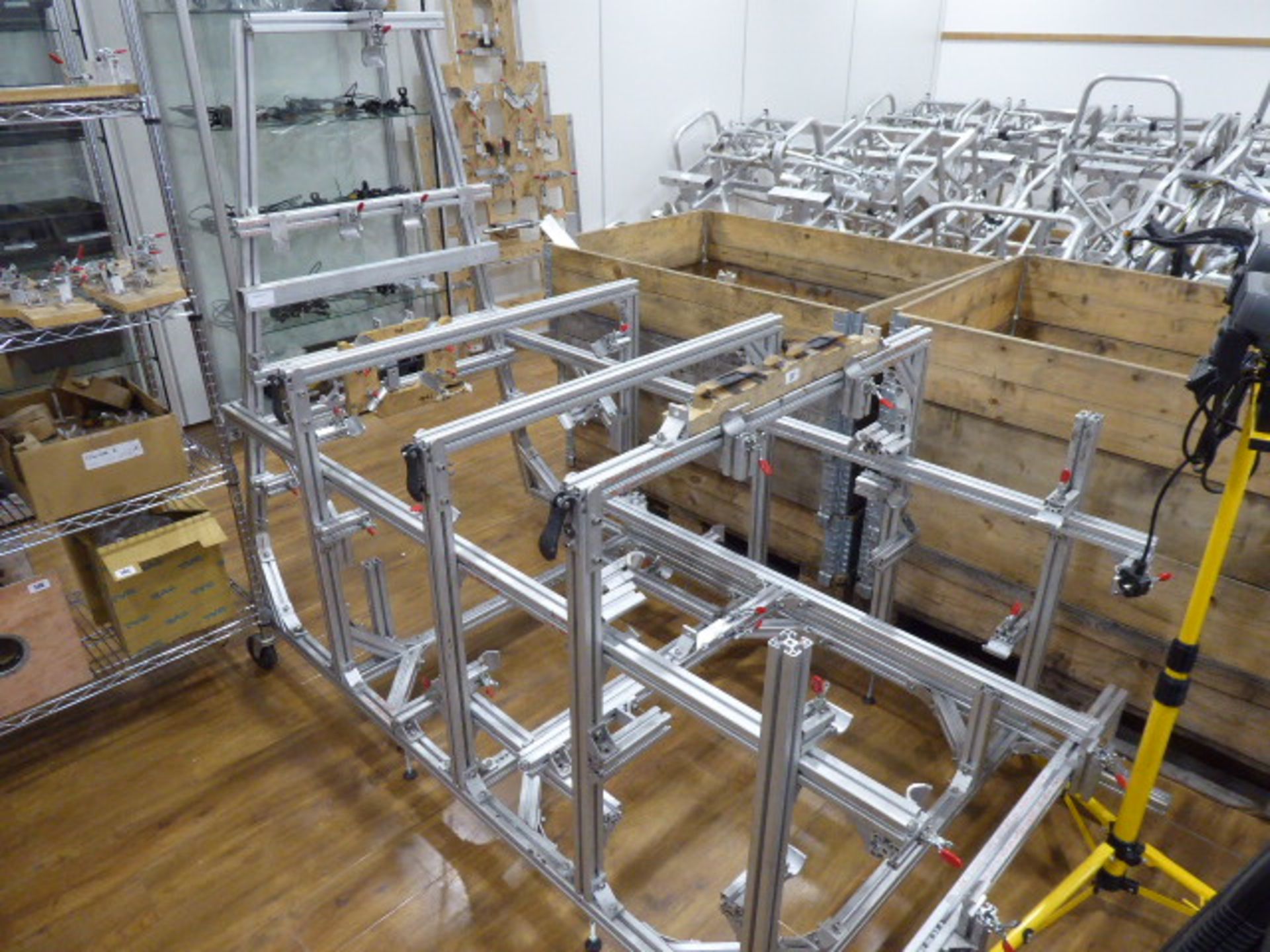 DryCycle aluminium frame engineering jig with additional jig, mounted on board, and 3 shelves of