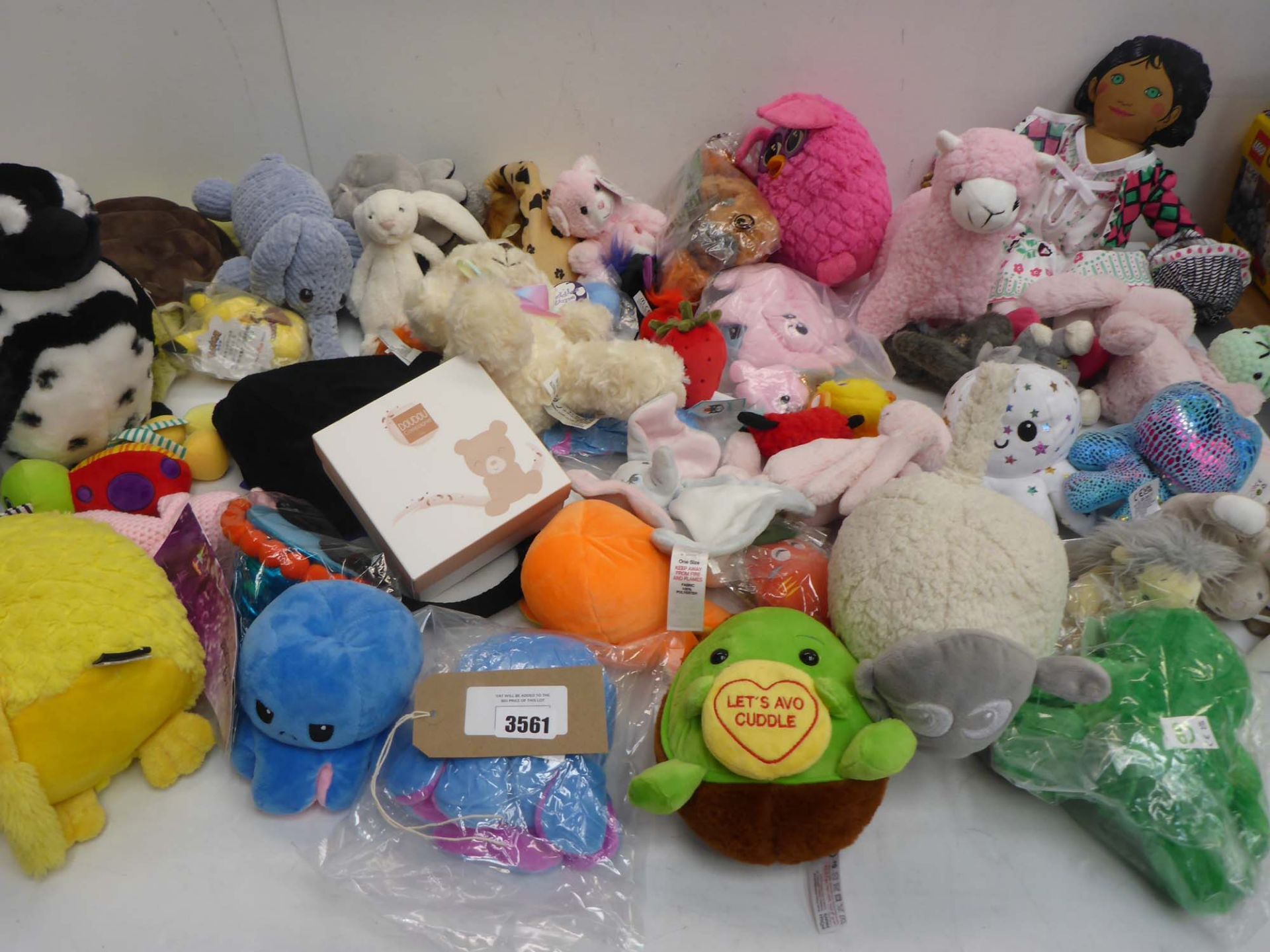Selection of soft cuddly toys including Jellycat, double side octopus etc