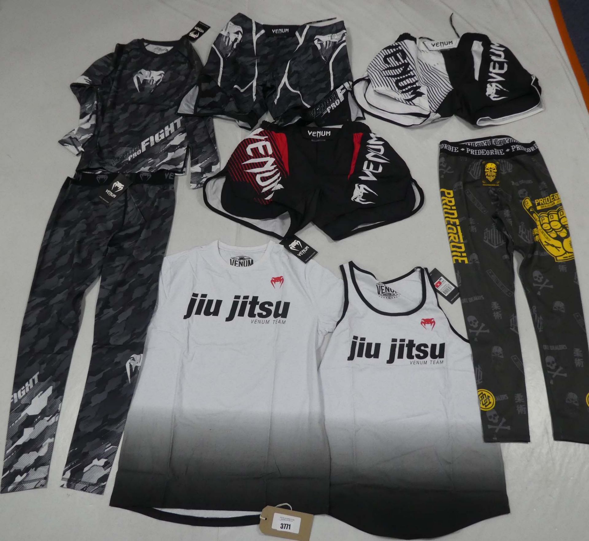 Selection of MMA/Ju Jitsu gear, Venum and Pride Or Die tops. shorts and leggings.