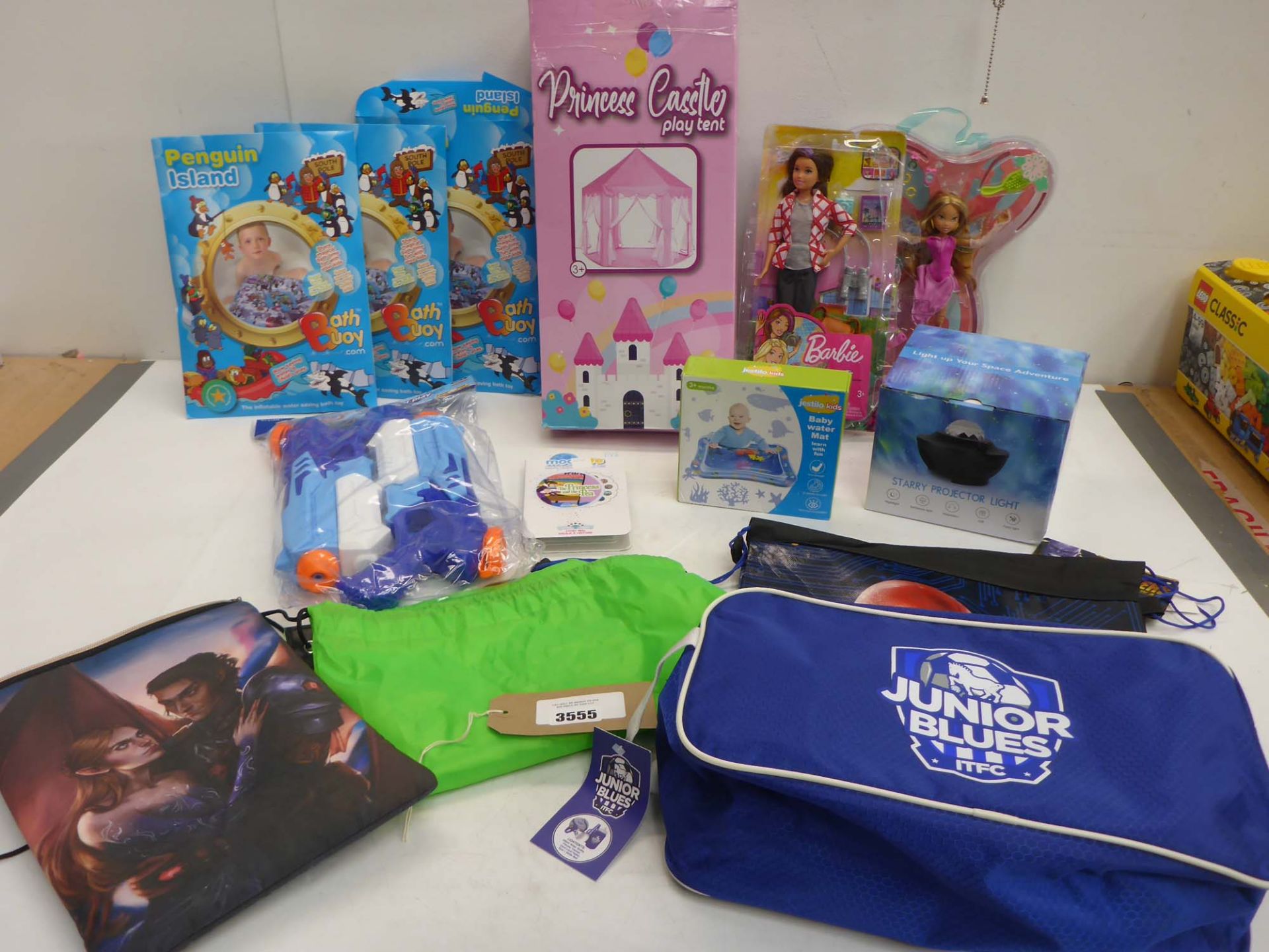 Princess play tent, Water gun, Bath Buoys, Baby water mat, Projector lamp, Barbie doll, Kids bags