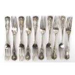 A set of ten Victorian silver shell end table forks, maker MC, London 1839,