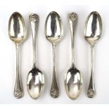 A set of five Victorian silver shell end dessert spoons, maker GA, London 1867,