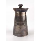 A late 20th century silver pepper grinder of tapered cylindrical form, maker JBC & S Ltd.