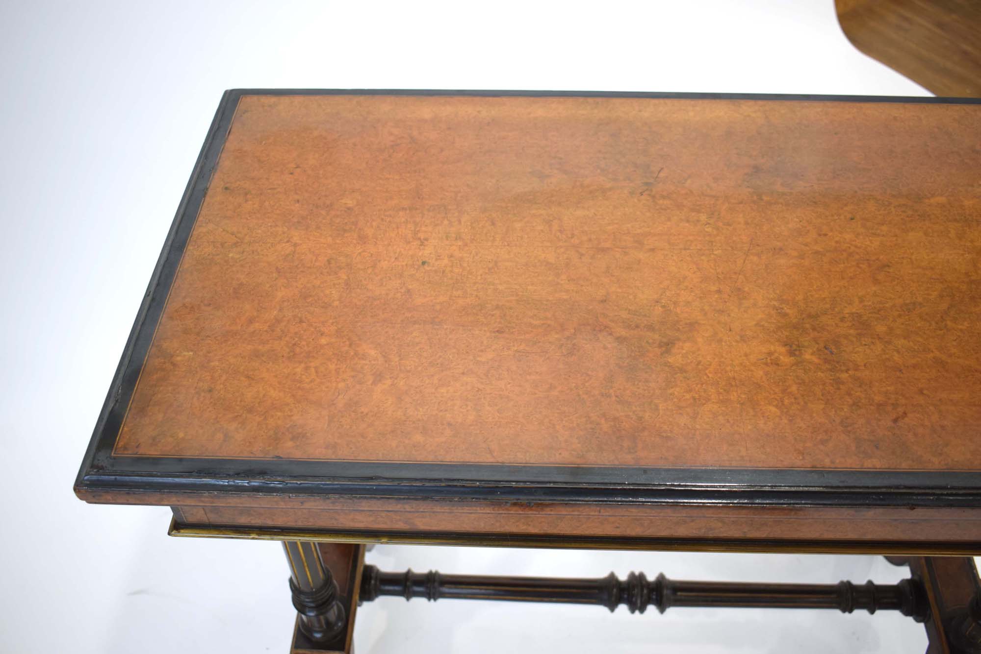 A Gillows side table, the walnut and ebonised top folding to reveal a baize covered games surface, - Image 5 of 9