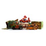 Three battery operated toys comprising: Farm Truck, Flag Fire engine and Road Construction Roller,