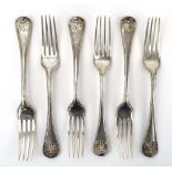A set of six Victorian silver shell end table forks, maker GA, London 1866/70,