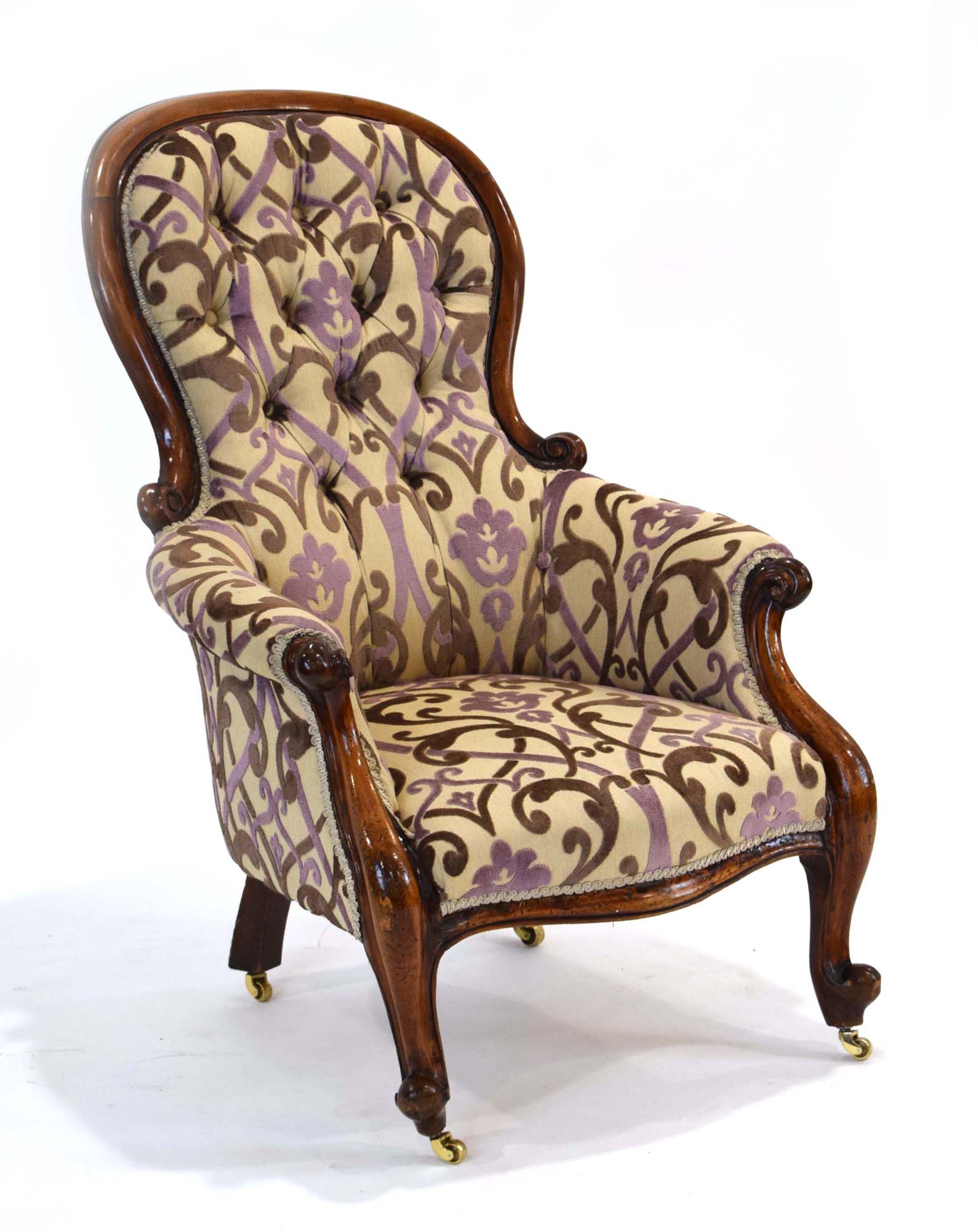 A Victorian mahogany and button upholstered armchair with scrolled front legs on castors - Image 2 of 2