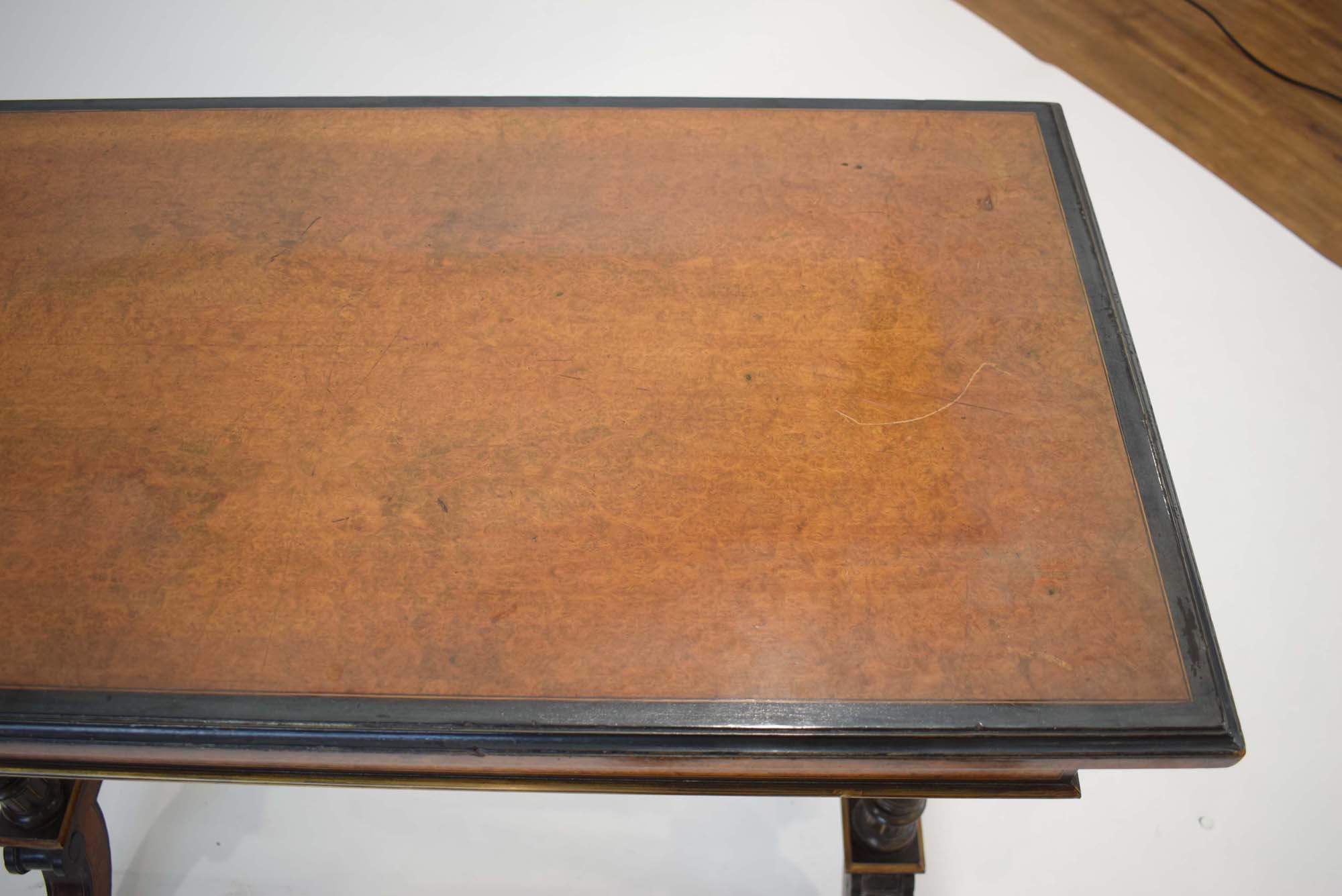 A Gillows side table, the walnut and ebonised top folding to reveal a baize covered games surface, - Image 3 of 9