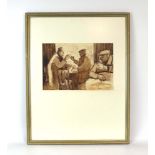 Follower of Norman Cornish, Three gentlemen at a bar, bears signature, sepia watercolour, 23.5 x 35.