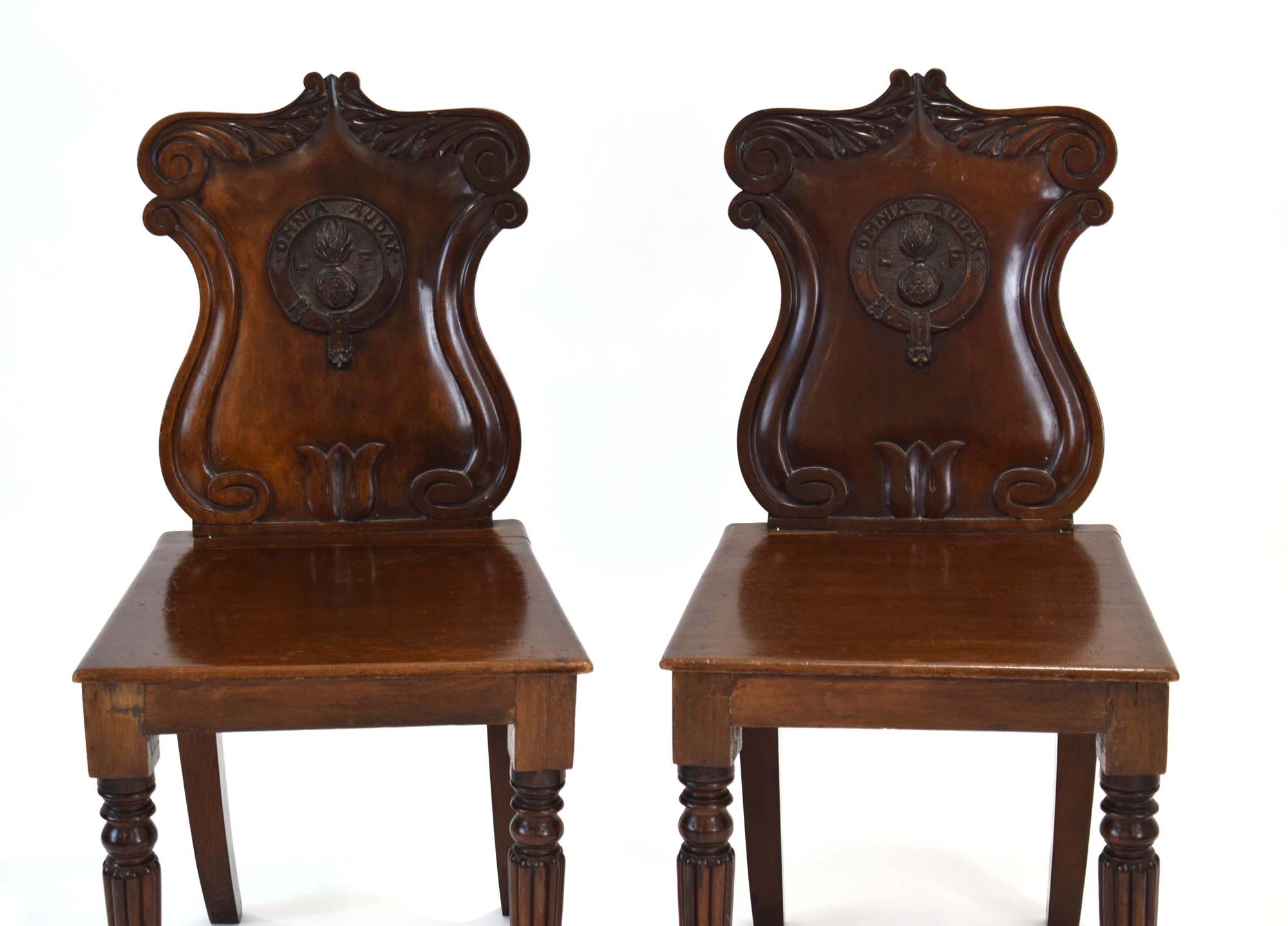 A pair of Victorian mahogany hall chairs, each back bearing insignia for the 3rd Battalian, - Image 2 of 5