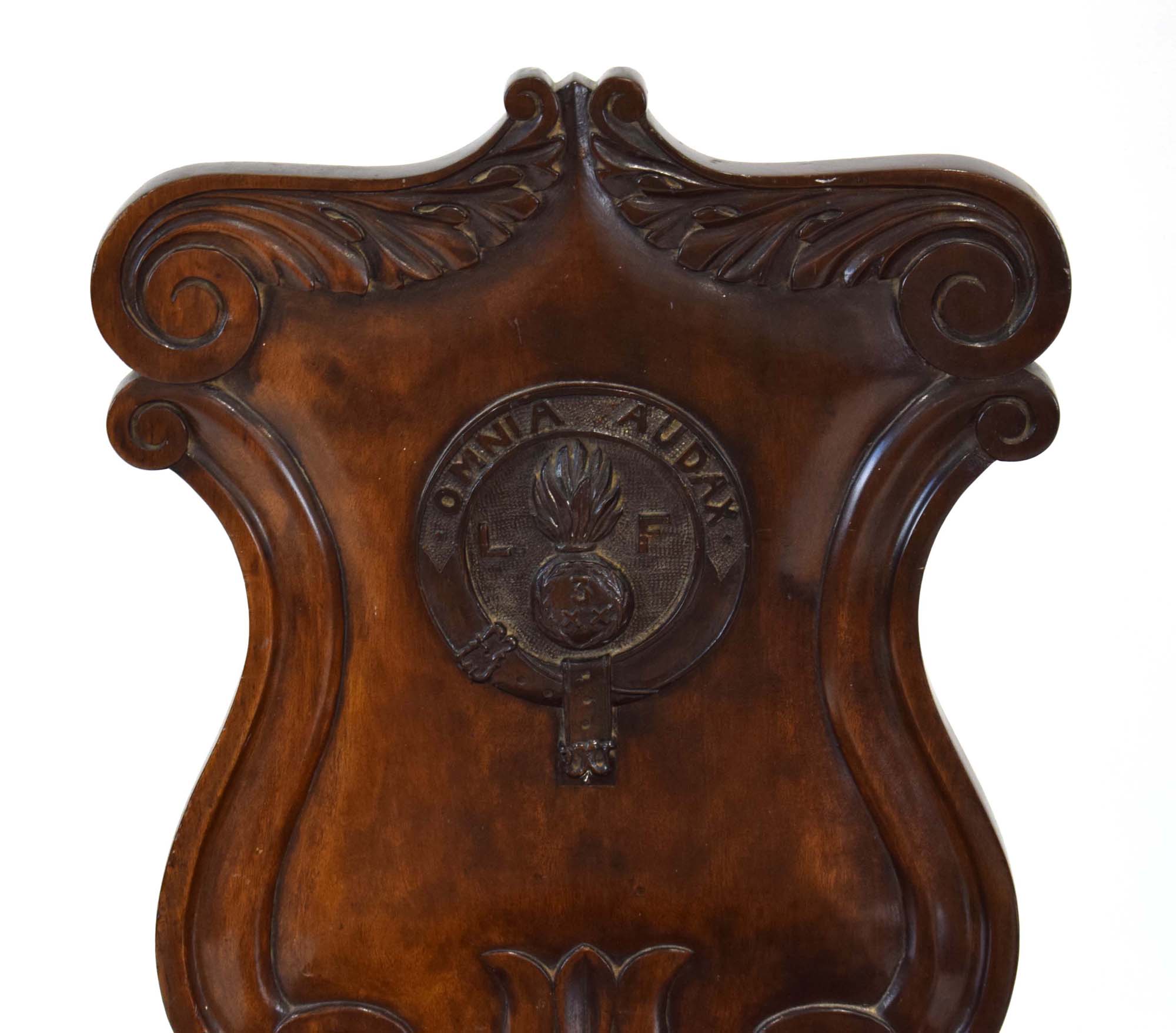 A pair of Victorian mahogany hall chairs, each back bearing insignia for the 3rd Battalian, - Image 3 of 5