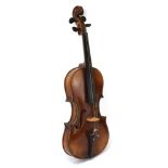 A late 19th century German violin, with satinwood edging and a mother-of-pearl inlaid back,