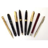 A Conway marbled fountain pen with a 14ct gold nib together with five further pens and two