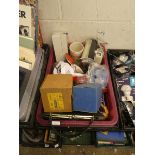 Crate of various vintage dress jewellery, kitchenalia, hand bag, etc.