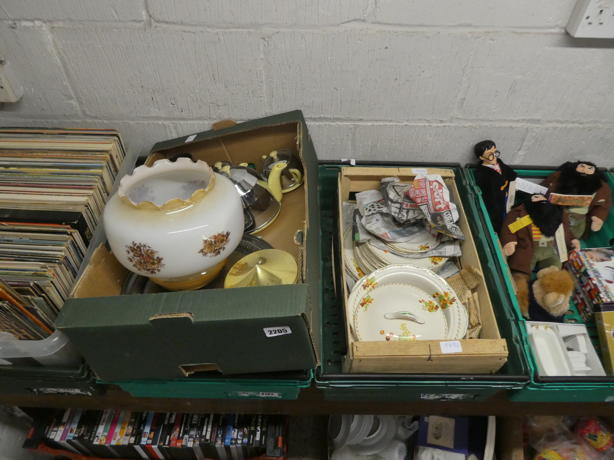 2 trays of Grindley dinner service, glass lamp shade, tableware, candle sticks, teapot, etc.