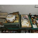2 trays of Grindley dinner service, glass lamp shade, tableware, candle sticks, teapot, etc.