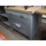 (71) Light blue painted oak top small sideboard with single drawer and double door cupboard, 85cm