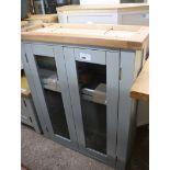 (65) Blue and oak top glazed 2 door dresser cabinet top, 85cm wide (B,20)