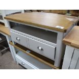 (53) Grey painted and oak top corner TV unit with single drawer and single shelf, 90cm wide (B)