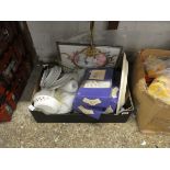 Box of crockery, wine glasses, magazine rack, etc.