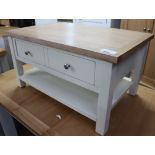 (223) Cream painted oak top coffee table with drawers, 85cm wide (B,1)