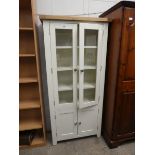 (78) Cream painted oak top glazed display cabinet with 2 doors over double cupboard, 85cm (A,19)