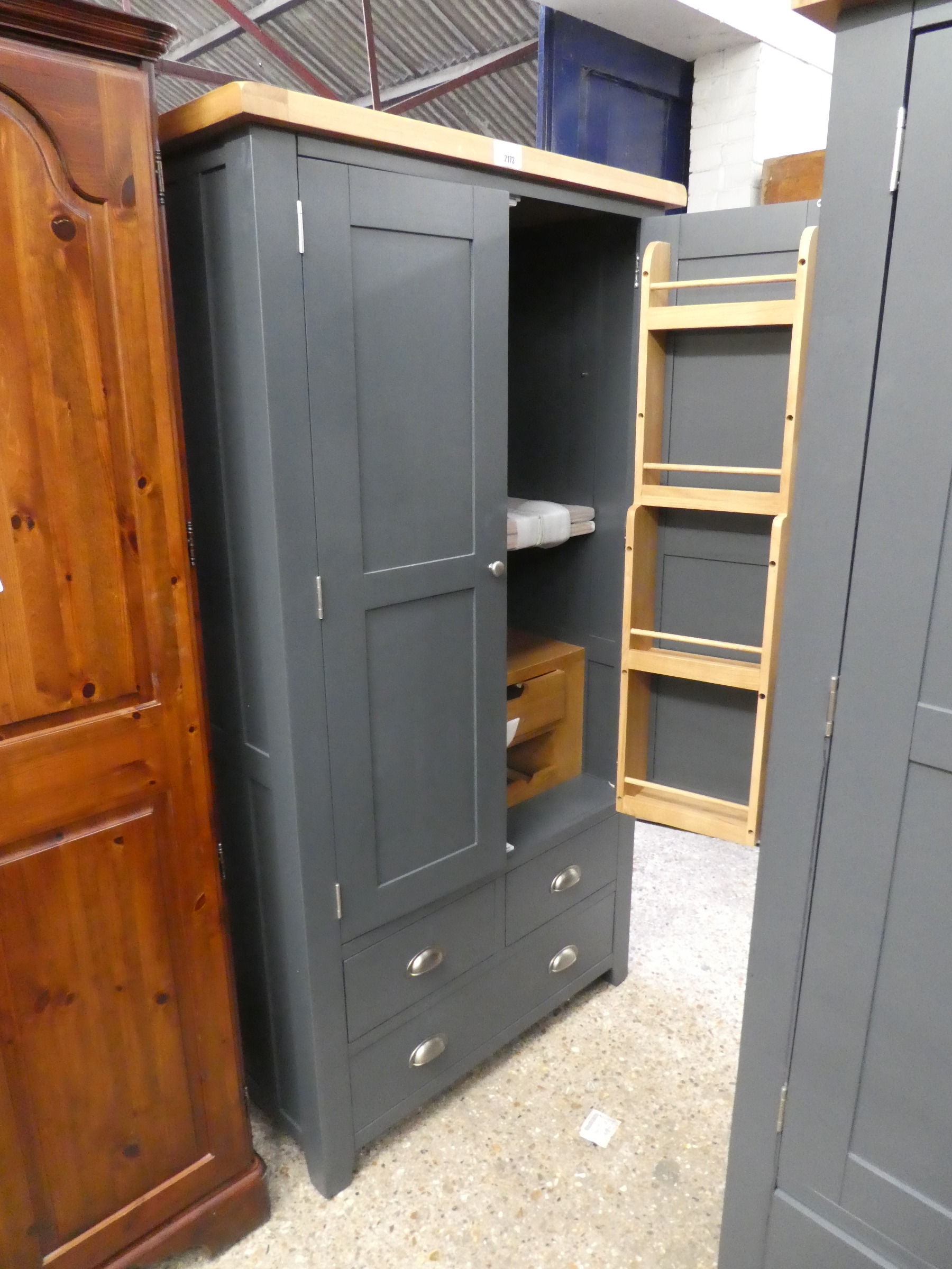 (160) Grey painted oak top 2 door kitchen larder lined with storage and 3 drawers, 100cm wide (A,51)