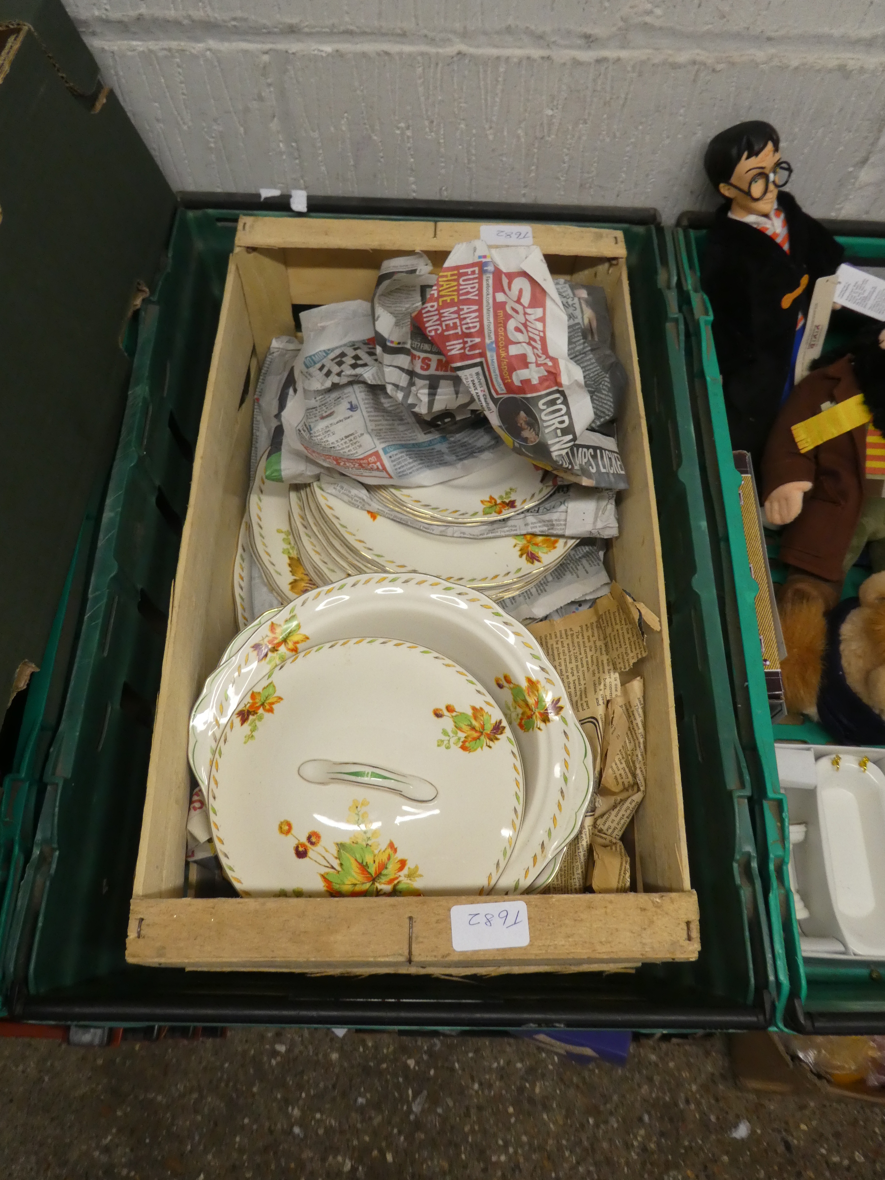 2 trays of Grindley dinner service, glass lamp shade, tableware, candle sticks, teapot, etc. - Image 2 of 2