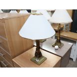 Brass column shape table lamp with tapered white and gilt shade