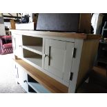 (7) White painted oak top large TV unit with 2 shelves and 2 single door cupboards