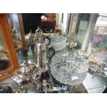 Silver plate tea and coffee service with cut glass bowl