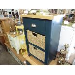 (Q) Blue painted free standing unit with 2 seagrass drawers and oak top